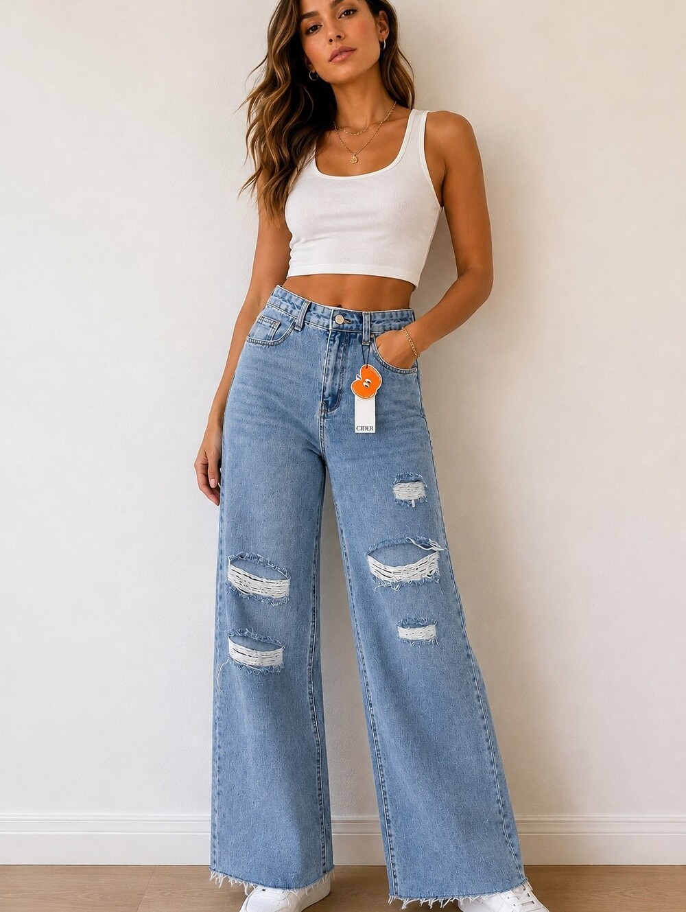 CIDER Women’s M Distressed Wide Leg Jeans High Rise Light Wash Raw Hem NWT